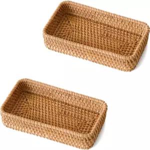작은 라탄 서빙 트레이 2팩 열쇠고리 장식용 천연 위커 화장품 커피 테이블 입구 거실 주얼리 향수 4.3인치