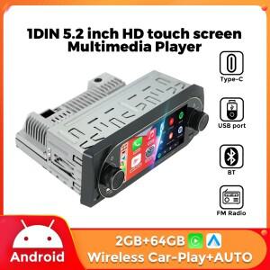 안드로이드 OS 64G 듀얼 노브 1 DIN 5.2인치 무선 CarPlay HD 터치스크린 지능형 차량 오디오 시스템 멀티