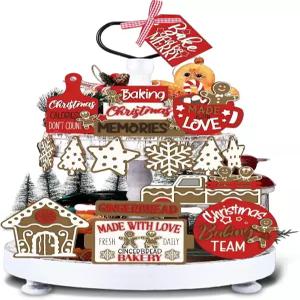 7개 크리스마스 티어 트레이 장식 세트 진저브레드 맨 농가 하우스 나무 간판 겨울 가정용 선반 테이블