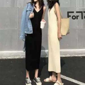 [하프클럽/]여성 2색 니트 슬림 롱 민소매 원피스