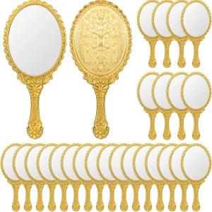 메이크업용 빈티지 핸드헬드 미러 24팩 손잡이가 달린 금색 엠보싱 플로럴 휴대용 프린세스 여성용 장식