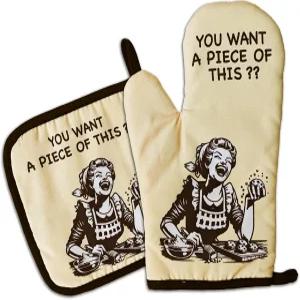 GOSJINNK 재미있는 오븐 장갑과 냄비 홀더 2개 세트 이 내열 레트로 주부 실리콘 논슬립 여성 호스티스