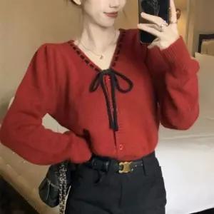 DUGNMARKT  배색 리본 퍼프 니트 가디건 페미닌룩 데일리룩 데이트룩 캐주얼룩 여성 의류