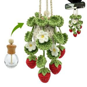 크로셰 자동차 공기 청정기, 15ml 빈 리필 가능한 오일 병, 걸이용 크로셰 딸기 식물 , 자동차 백미러 공기 청정기 가정 및 사무실 장식용