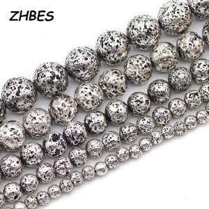 4/6/8/10/12MM 자연 Lave 돌 화산 골동품 은빛 스페이서 라운드 DIY 쥬얼리에 대한  비즈 팔찌 액세서리 만