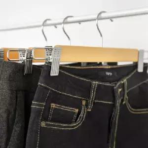 ( )BS 원목 바지 걸이 5개 집게 우드 옷걸이 자국없는 정리 치마걸이