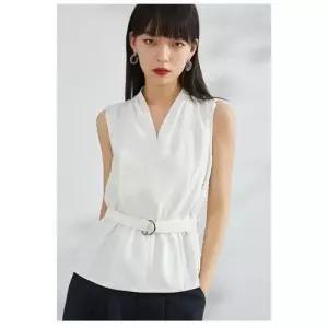 EAMT 여성 나시 초산 민소매 슬림핏 반팔탑 여조임 블라우스 브이넥 YJ2