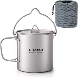 뚜껑이 있는 리사다 티타늄 워터 머그컵과 접이식 손잡이 초경량 750ml 냄비 휴대용 야외 캠핑 요리 피크닉