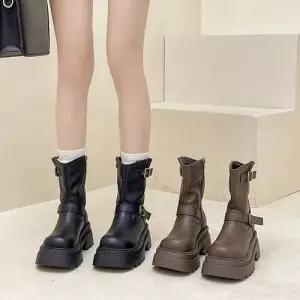 여사친 빈티지 가을 통굽 가죽 신발 부츠 워커힐 워커 버클 리얼 KS3