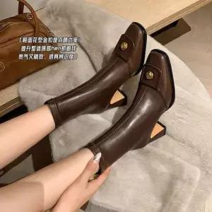 여성용 빈티지 소가죽 신발 워커힐 스퀘어토 패션워커 힐 버전 앵클 카멜리아 스판 부츠 슬림 스틸레토 KS5