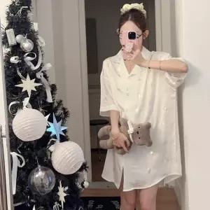 수피 스커트 캐주얼 여름 커플 기본 편안한 프렌치 쿨링 카디건 반팔 셔츠 잠옷세트 잠옷 JEN2