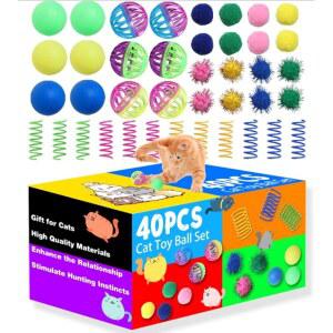 FLASHINE 실내 징글 스프링 고양이 폼폼 스파클 40피스 새끼 인터랙티브 고양이용