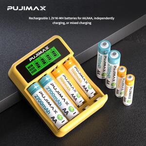 PUJIMAX 4 슬롯 LCD 디스플레이 지능형 배터리 충전기는 1.2V AA/AAA NiCd NiMh 충전식 지원합니다. USB-C