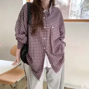 [하프클럽/]여성 일상용 코튼 빅사이즈 봄가을 격자 셔츠