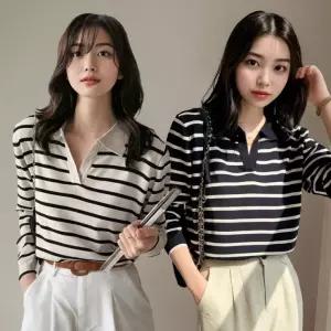 여성 봄 가을 얇은 스트라이프니트 크롭 브이넥 루즈핏 오픈 카라 니트티