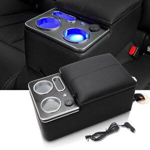 업그레이드 센터 콘솔 정리함, 컵 홀더 및 휴대폰 홀더를 갖춘 자동차 및 밴 및 트럭 바닥 캡 백 벤치 시트 암레스트 중간 보관함 - 블랙