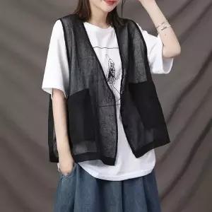 여름 여름 여성 은창망사 루즈핏 포켓 점퍼 캐쥬얼 시스루 썸머 조끼 외투 아우터 457765