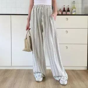 [신세계라이브쇼핑][옷자락] 여자 허리밴딩 스트라이프 와이드 일자 팬츠