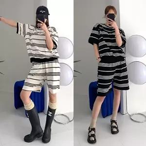 [유야]여성 면 단가라 반팔 티셔츠 밴딩 반바지 세트 SPST0059 여름