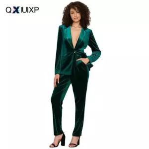 여자 봄 가을 면접복장 여성 투피스 Qxiuigp-여성용 골드 벨벳 정장 년 신제품 캐주얼 재킷 세트 오피스 블