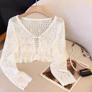 뜨개 가디건 봄 재킷 여성 여름 크로쉐 펀칭 니트 린넨