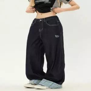 [하프클럽/]2컬러 체크배색 와이드 스트릿 데님팬츠 롤업 청바지