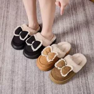 3컬러 여성 방한 리본스웨이드슬리퍼 방한화 털신발 겨울신발 털슬리퍼 털부츠