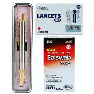 스텐 사혈기 채혈 세트[채혈기+채혈침 200개+알콜솜 100매]채혈기 사혈침 수지침 란셋 바늘 알콜스왑