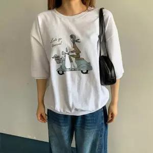 나나 루즈핏 7부 나염 캐주얼 데일리 맨투맨 면혼방 봄 티셔츠 여름 라운드넥 프린팅