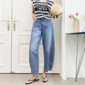 여자 미디엄블루 보이핏 절개 벌룬 코튼 9부 데님_5