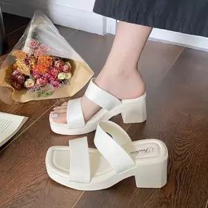 여성 키높이 슬리퍼 데일리 스트랩 오픈토 여성 통굽 슬리퍼 여름 블록힐 미들 웨지 블록 샌들