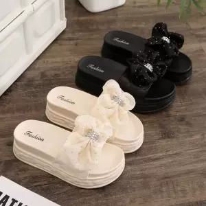 여성 굽슬리퍼 큐빅 리본 장식 여름 슬리퍼 실내화 굽있는슬리퍼 사무실슬리퍼여자