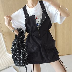 콤마 지퍼 벌룬포켓 허리 스트링 여름 멜빵 뷔스티에 민소매 여름 미니원피스 (2color)