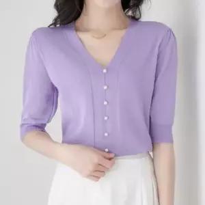 친절한탄씨 레이디스 쿨시즌 하절기 브이칼라 숏슬리브 뜨개탑 티셔츠 유니크 퍼플니트스웨터