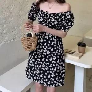 친절한탄씨 여성용 오프 베이직 숄더스트랩 볼륨소매 팔 플로럴프린트 무늬 프릴 드레스 니트탑 미디