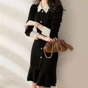 카라 소매 레이스 니트원피스 블랙 밑단프릴 슬림핏 진주단추원피스