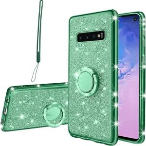 삼성 갤럭시 S10 플러스 케이스용 킥스탠드 스트랩이 있는 여성용 Glitter 크리스탈 소프트 클리어 TPU