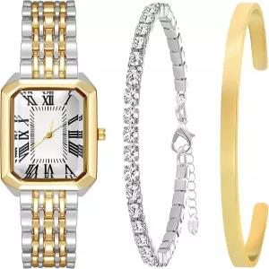 NEWITIN 3피스 여성 골드 워치 팔찌 세트 패션 코스튬 주얼리 스테인리스 스틸 금 도금 사각 손목시계