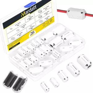 Mardatt 28Pcs 5사이즈 클립온 페라이트 링 코어 RFI EMI 소음 억제 케이블 3.5mm 직경 흰색