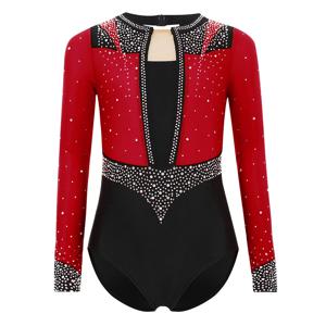 여자 반짝 이는 라인 석 리듬 체조 레오타드 긴 소매 바디 슈트 댄스웨어 피겨 스케이팅 무대 공연 의상