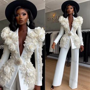 화이트 럭셔리 여성 정장 세트 2피스 블레이저+바지 3D 꽃 비즈 장식 포멀 오피스 재킷 맞춤형 웨딩 프롬 코트