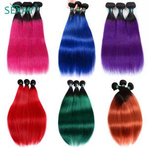 100% 다채로운 인간의 머리카락 스트레이트 위브 번들 여성을위한 3/4 Pcs Ombre 핫 핑크 레드 청록색 블루 퍼플 인간의 머리카락 번들
