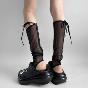 여성 레그워머 여름 자외선 차단 메쉬 발 커버 니삭스 붕대 리본 Y2K 소녀 레그워머 허벅지까지 오는 양말 스타킹