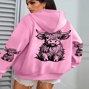귀여운 머리 암소 만화 인쇄 후드 여성 양털 가을 streetwear 편안한 캐주얼 후드 y2k 포켓 all-match Hoody