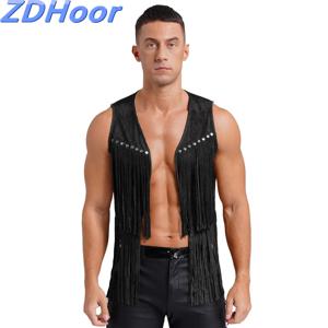 남성 가짜 스웨이드 술 조끼 서부 카우보이 조끼 패션 리벳 프린지 양복 조끼 오픈 프론트 민소매 자켓
