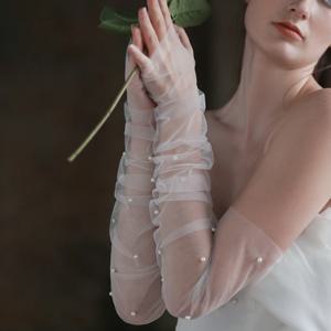 웨딩 핑거리스 화이트 장갑 긴 얇은 명주 그물 진주 신부 들러리 소매 여성 미인 대회 댄스 파티 Handschuh