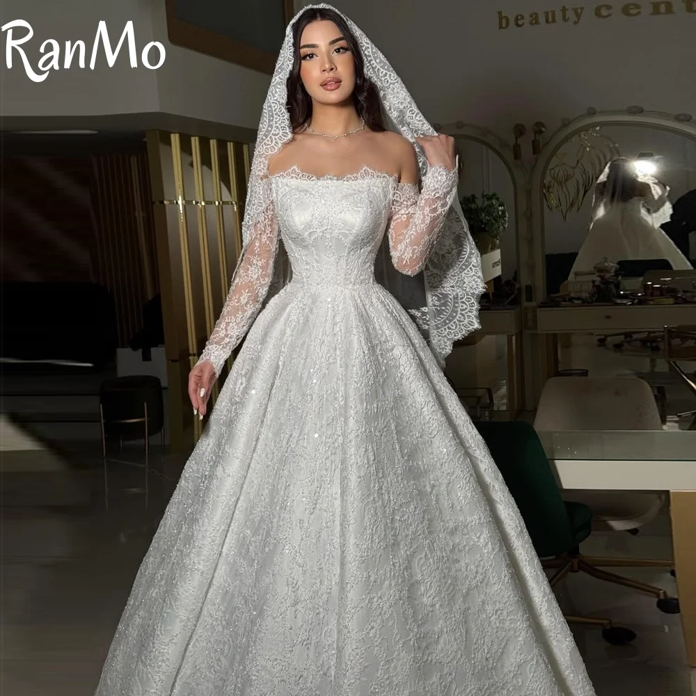 란모 정교한 긴팔 웨딩드레스 반짝이는 오프숄더 백리스 럭셔리 스윕 트레인 브라이덜 볼 가운 여성용 2025