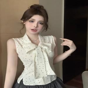 독특한 여성용 여름 셔츠 나비 매듭 폴카 도트 디자인 센세이션 스몰 스위트 앤 스파이시 민소매 조끼 탑 통근 스타일