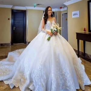 빈카 써니 럭셔리 웨딩드레스 맞춤 제작, 볼 가운, O넥, 비즈 아플리케, 롱 슬리브 가운, 웨딩드레스