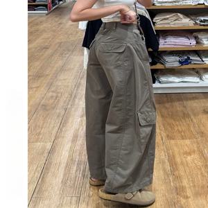 플러스 사이즈 아메리칸 밀리터리 그린 멀티 포켓 와이드 레그 캐주얼 청바지 여성 봄 루즈 슬리밍 작업복 루즈핏 바지